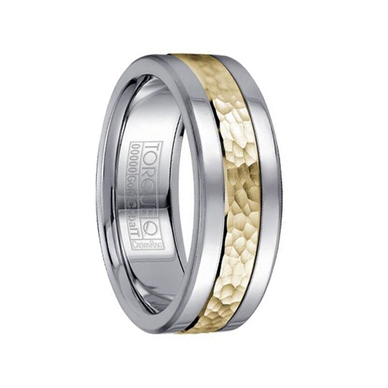 Shop White Cobalt Men S Wedding Band With Hammered 14k Yellow Gold Inlay Dual Grooves By Crown Ring 7 5mm On Sale Overstock 16935944