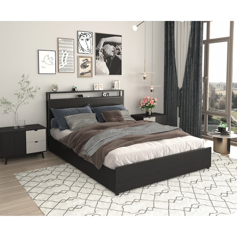 Full Size Storage Bed Frame with LED Lights, USB Charging & 4 Drawers, Easy Assembly, Noise-Free - Black