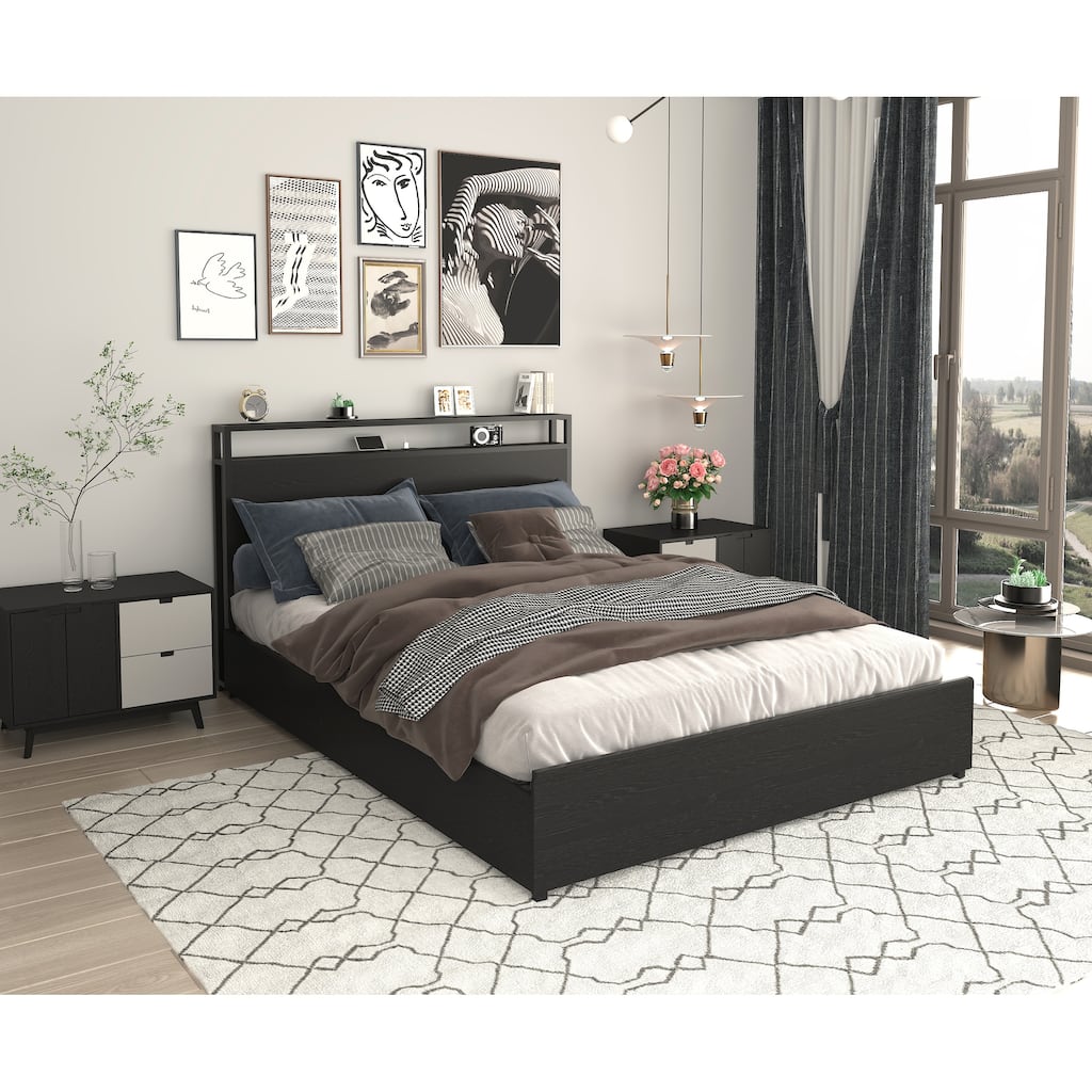 Full Size Storage Bed Frame with LED Lights, USB Charging & 4 Drawers, Easy Assembly, Noise-Free