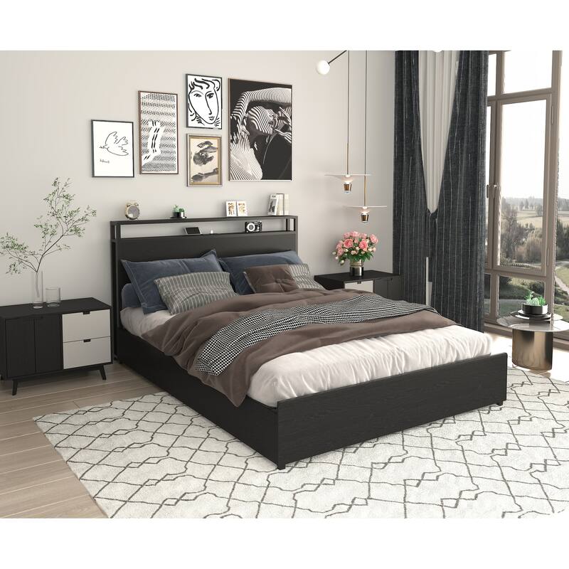 Storage Bed with 4 Drawers, Platform Bed with LED Lights and Storage Headboard Built-in Charging Station - Black Red Brown - Full