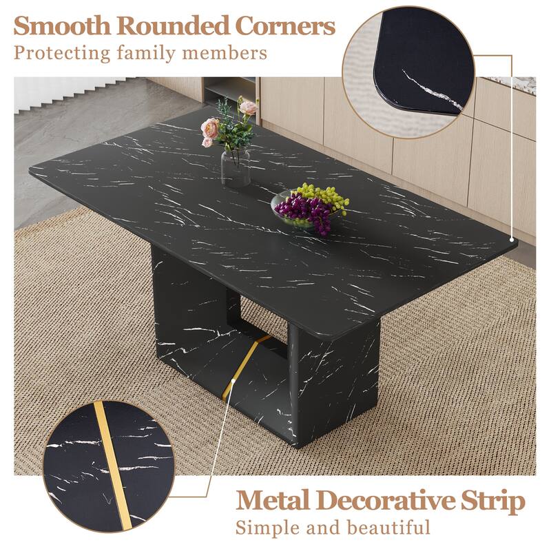 Modern Dining Table Set with Marble Pattern Top, O-Shaped Legs, Waterproof Cat Paw Leather Chairs, Non-Slip Feet