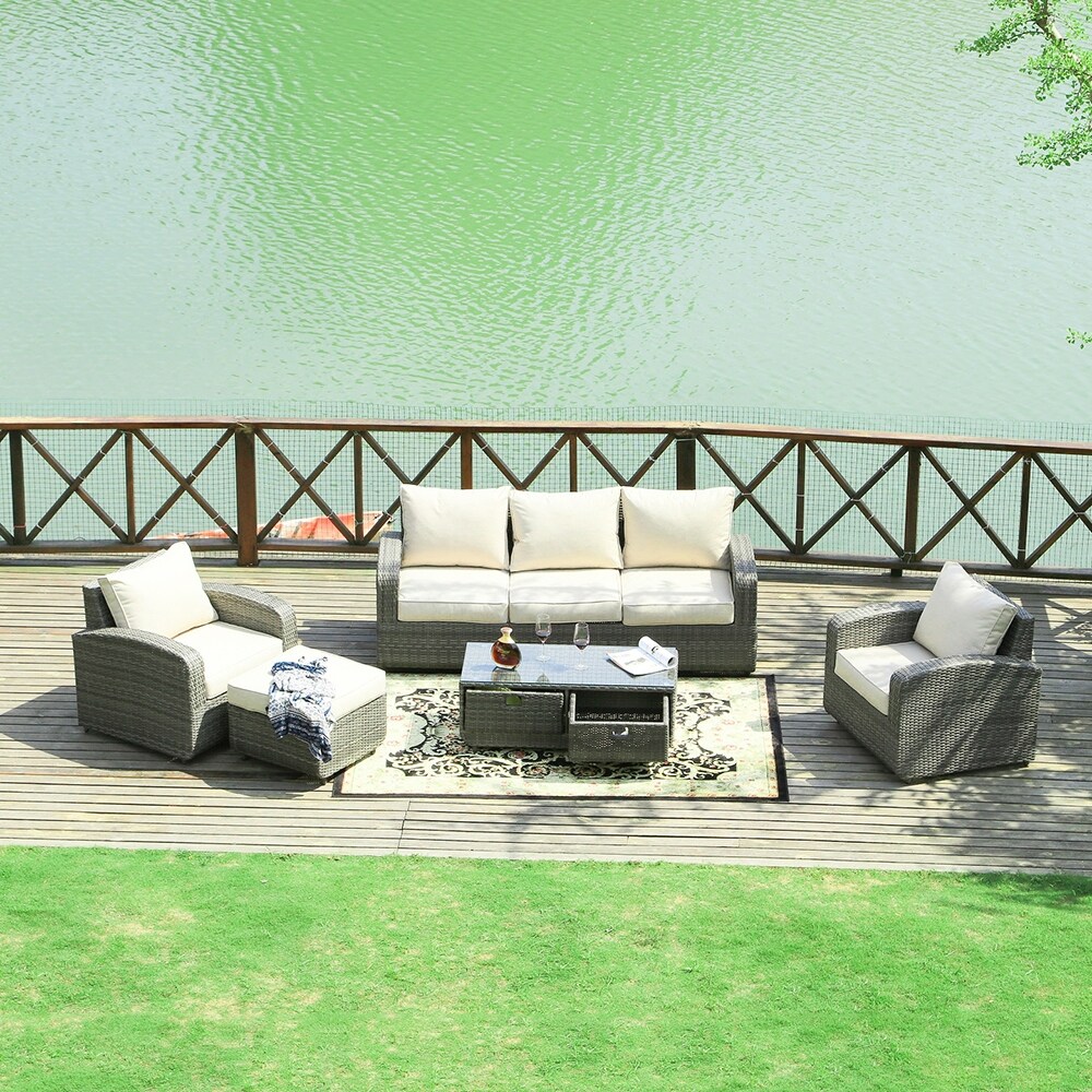 Shop Black Friday Deals On Havenside Home Stillwater 5 Piece Wicker Patio Sofa Set Outdoor Chat Sets With Drawer Table Overstock 27589671