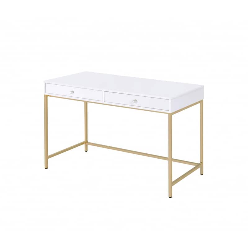 White Wood Glossy Computer Desk with Gold Metal Base and 2 Drawers - White-Gold
