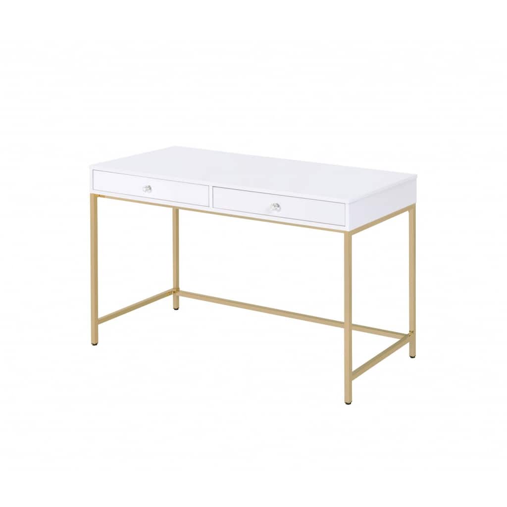 White Wood Glossy Computer Desk with Gold Metal Base and 2 Drawers