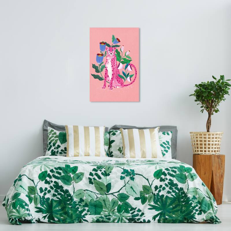 Wynwood Studio Canvas Animals Pink Leopard Floral Pink and Modern & Contemporary Wall Art Canvas Print - 36 x 24