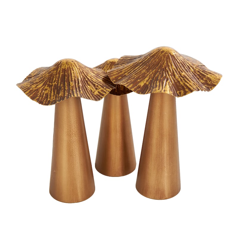 Bronze Metal Mushroom Decorative Sculpture with Textured Tops (Set of 3)