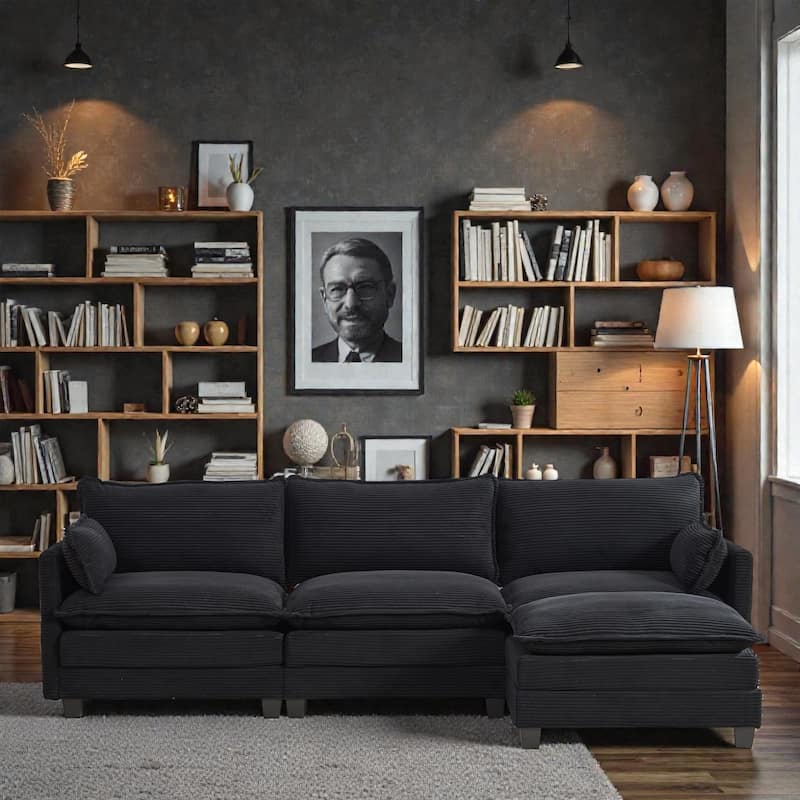 Oversized Modular Sectional Sofa with Ottoman, 102 Inch 4 Seat Corduroy L Shaped Couch for Living Room