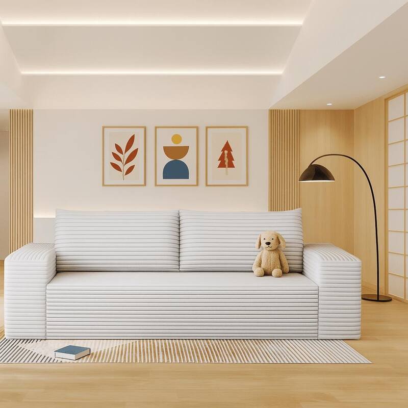 Modern Corduroy Fabric Upholstered Frameless Sofa Couch, For Apartment Living Room Den Entertainment Room - White - 70.92" Wide