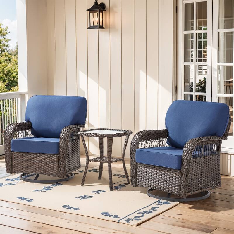 Pocassy Swivel Chair Table with Outdoor Ottoman Funiture Set. - Brown Wicker Blue Cushion - 3-Piece Swivel Chair with Side Table
