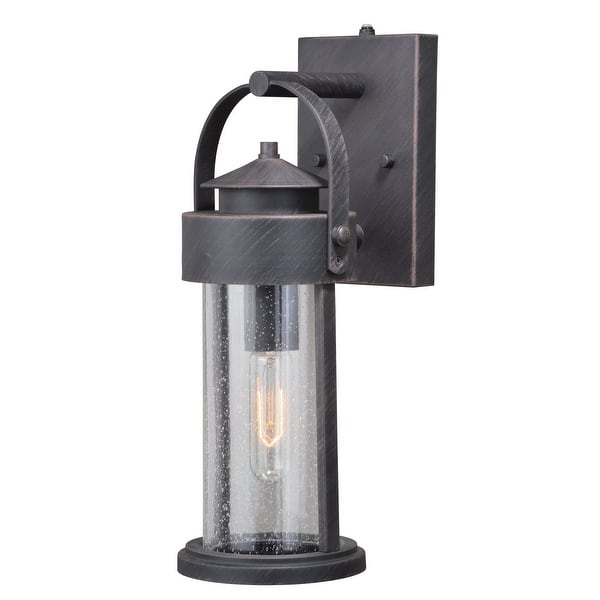 slide 2 of 7, VAXCEL Cumberland 16.25 in. H 1-Light Rust Iron Dusk to Dawn Sensor Rustic Outdoor Wall Sconce, Steel, Clear Seeded Glass Shade Rust Iron - 6-in W x 16.25-in H x 7.75-in D