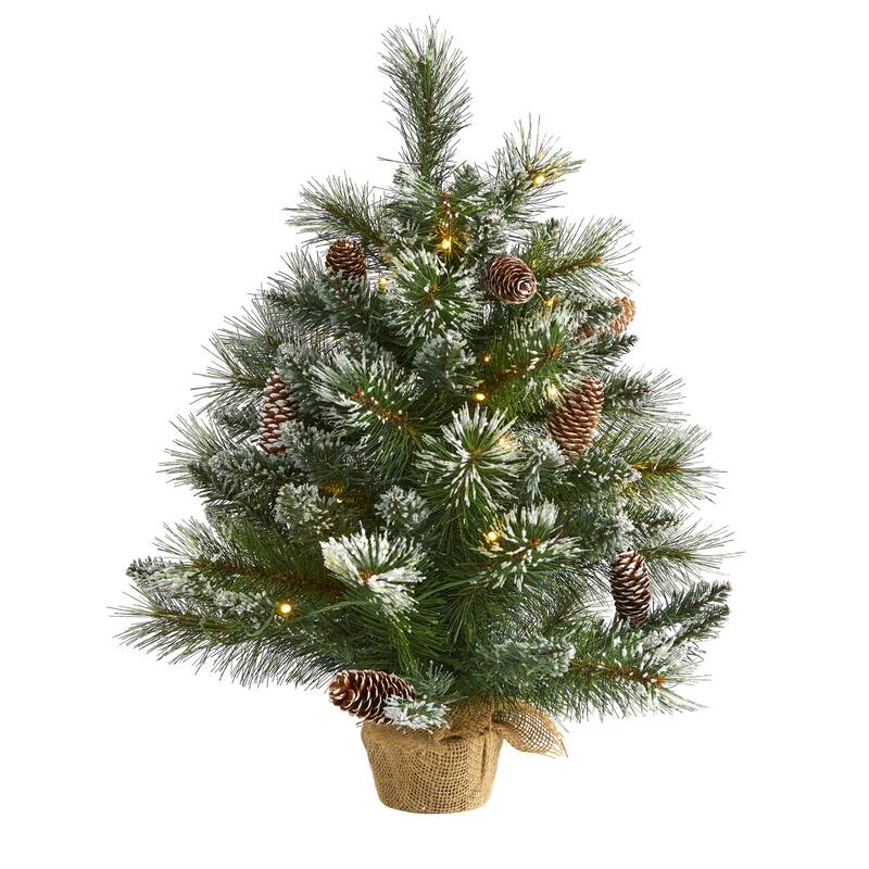 2’ Pre-Lit Frosted Pinecones and Burlap Artificial Christmas Tree, Clear LED Lights - 2 Foot