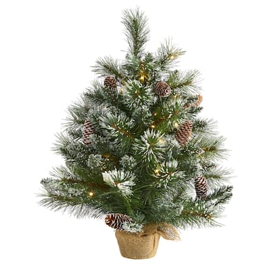 2’ Pre-Lit Frosted Pinecones and Burlap Artificial Christmas Tree, Clear LED Lights - 2 Foot