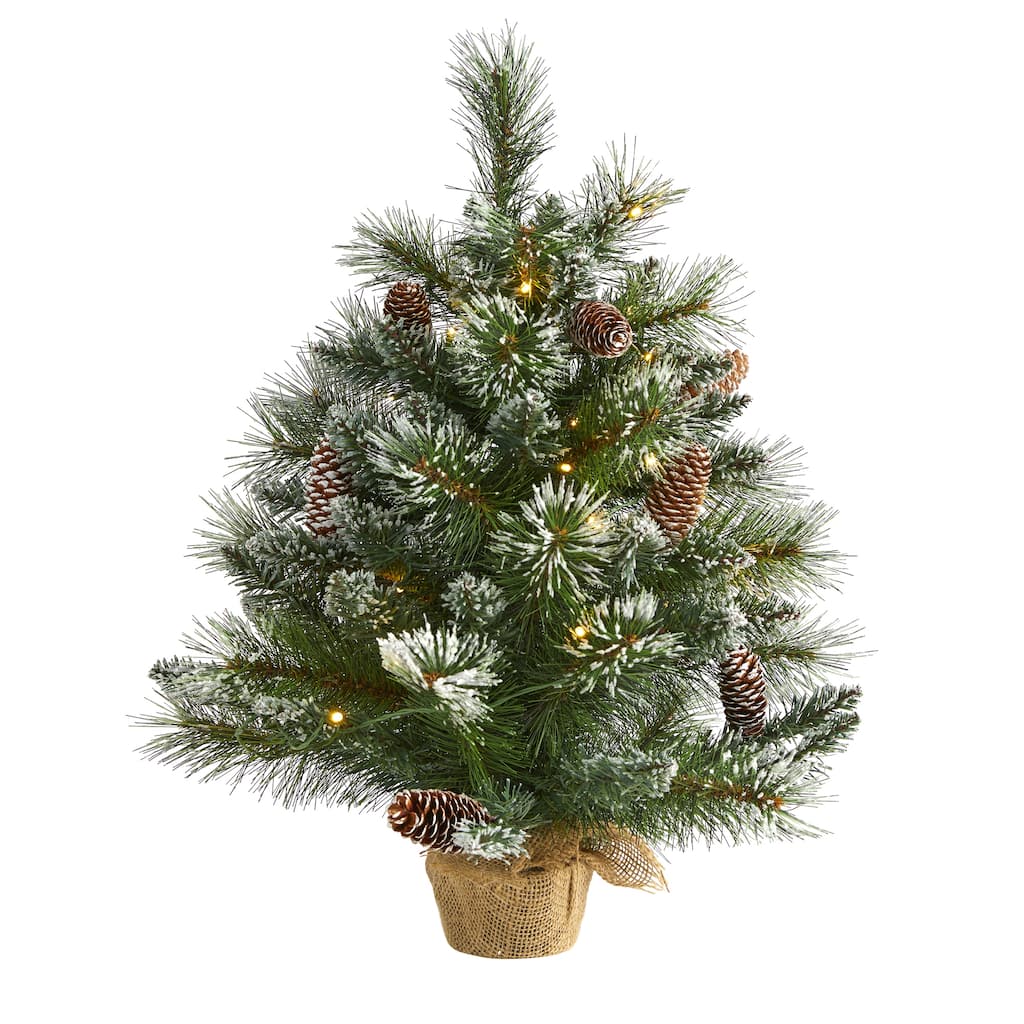 2’ Pre-Lit Frosted Pinecones and Burlap Artificial Christmas Tree, Clear LED Lights - 2 Foot