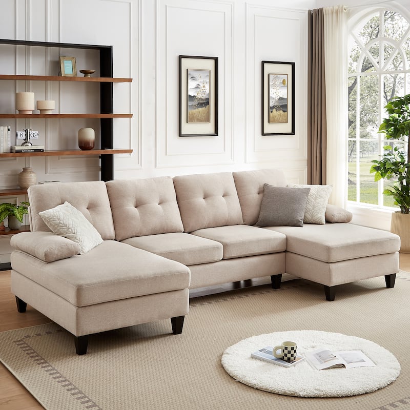 4 Seat U Shaped Sectional Sofa Couch with Double Chaise for Living Room
