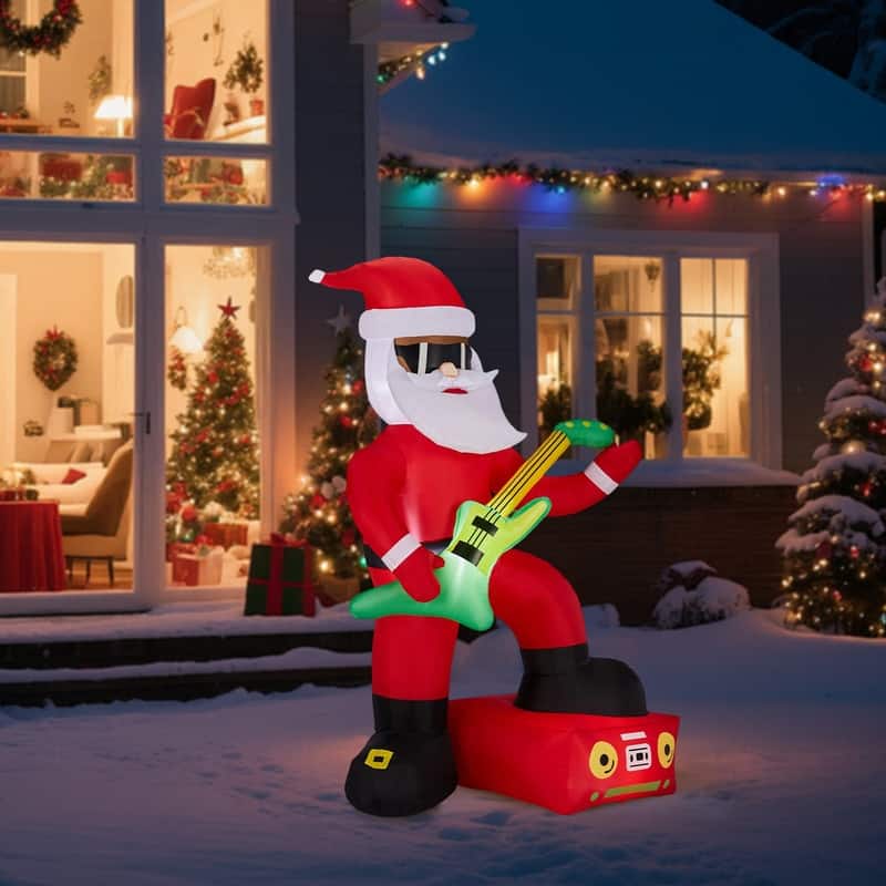 7.5FT Lighted Christmas Black Santa Playing Electric Guitar Inflatable Decoration