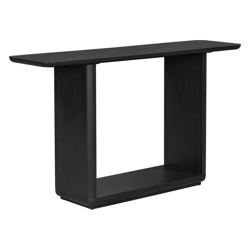 Natural Wood Veneer Console Table, with Curved Corners and Open Storage Shelf, U-Base Design Accent Table Hallway Tables