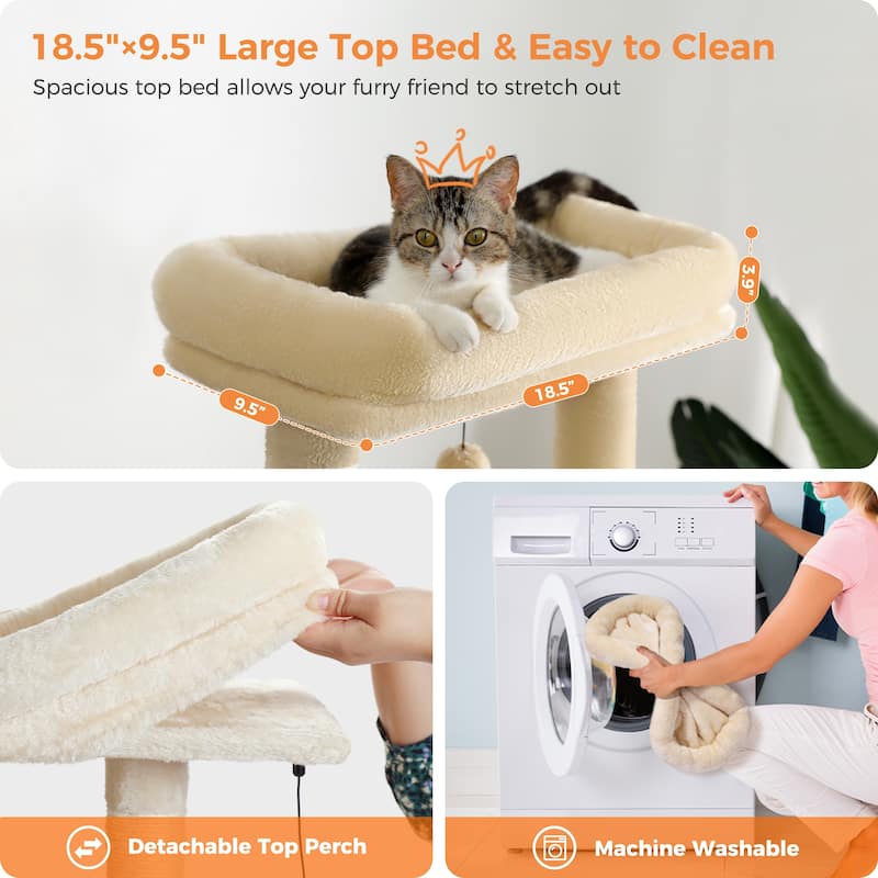 Cat Tree with Large Top Perch, Plush Hammock, 2 Condos, Dangling Pompom & Cat Scratching Posts