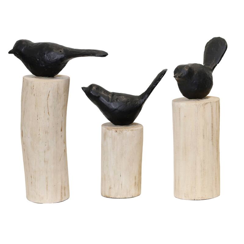 StyleCraft Wood Birds On Stumps - Set of 3 - Natural, Black