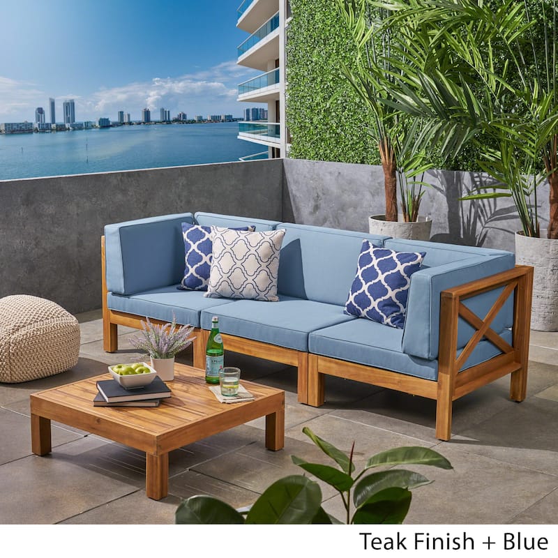 Brava Outdoor 3-Seater Acacia Wood Sectional Sofa Set with Coffee Table and Cushions by Christopher Knight Home