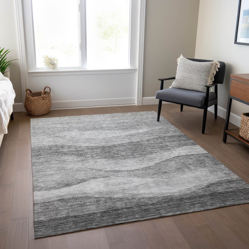 Machine Washable Indoor/ Outdoor Contemporary Waves Chantille Rug
