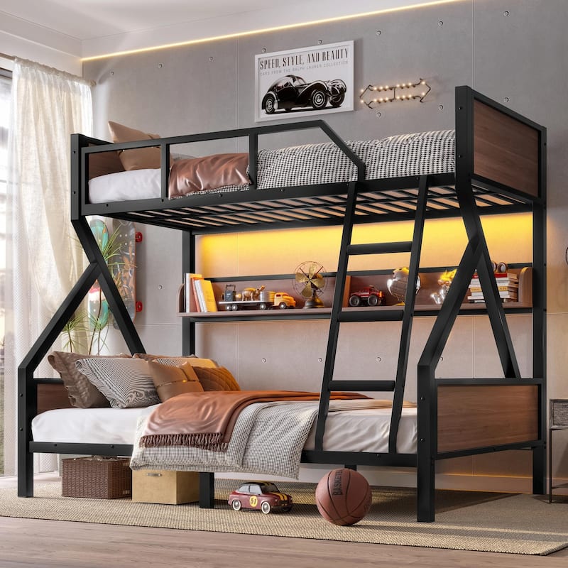 Metal Bunk Bed with Storage Shelves and Lights - Space-Saving & Noise-Free Design