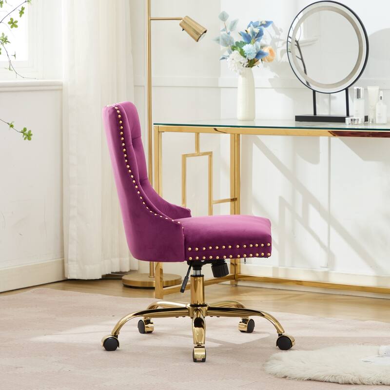 Velvet Swivel Office Chair with Wheels, Tufted Button Home Office Chair, Adjustable Vanity Chair with Metal Base