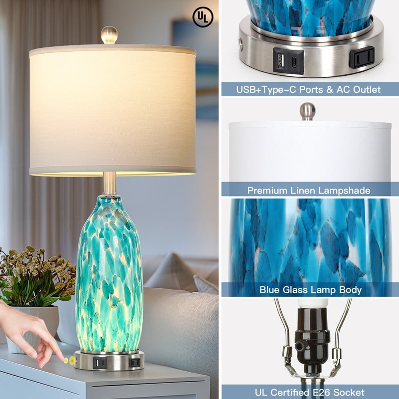 26'' Coastal-Inspired Blue Table Lamp with Dual Lighting & Charging Hub(Set of 2) - 12'' x 12'' x 26''
