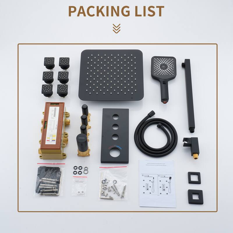 3 Functions 12 Inch Wall Mount Thermostatic Shower System in Matte Black