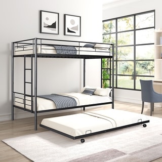Twin over Twin Size Metal Bunk Bed with Trundle, Can Be Separated into 2 Twin Beds, Safety Guardrail, Trundle for Flexible Space