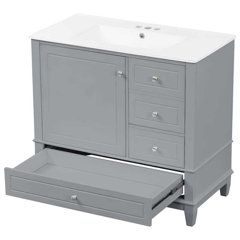 36"Bathroom Vanity with Ceramic Sink, 3 Drawers & Cabinet with Shelves, Freestanding Vanity Cabinet with 4-Inch Faucet Holes