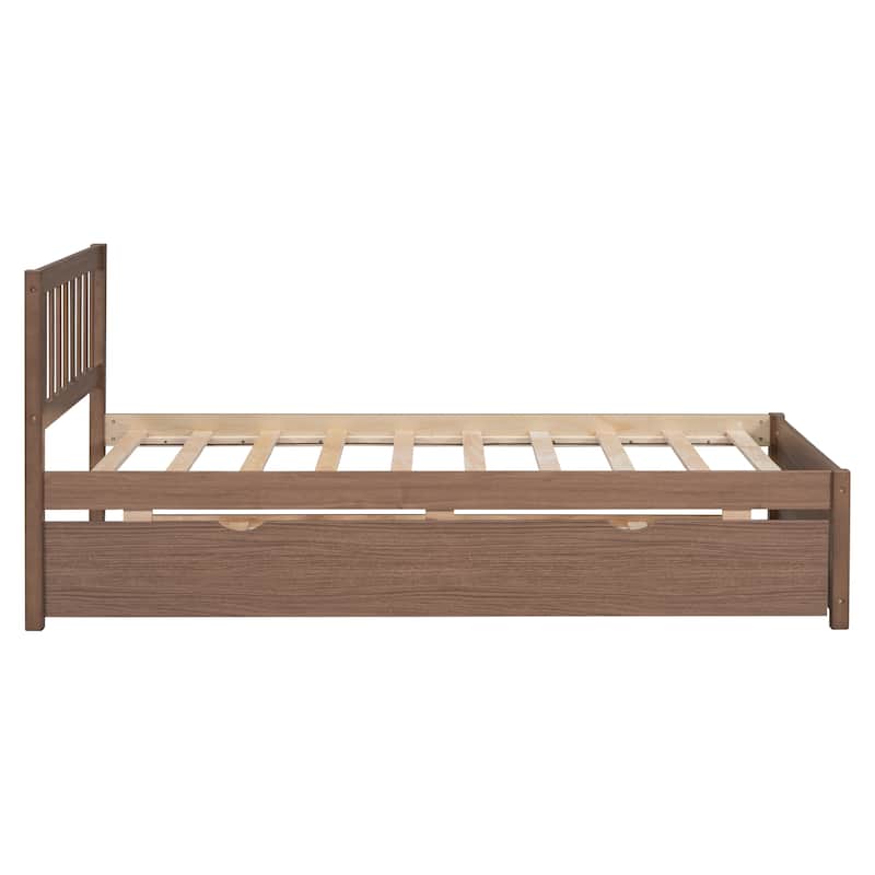 Brown Twin Platform Bed in Walnut Wood with Trundle and Fence Headboard - Modern Space-Saving Design