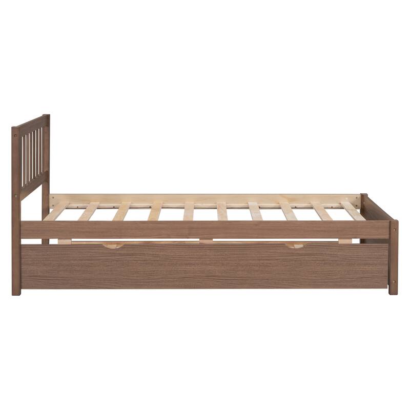 Brown Walnut Rubberwood Twin Platform Bed with Trundle, Sleek Design, No Box Spring Needed