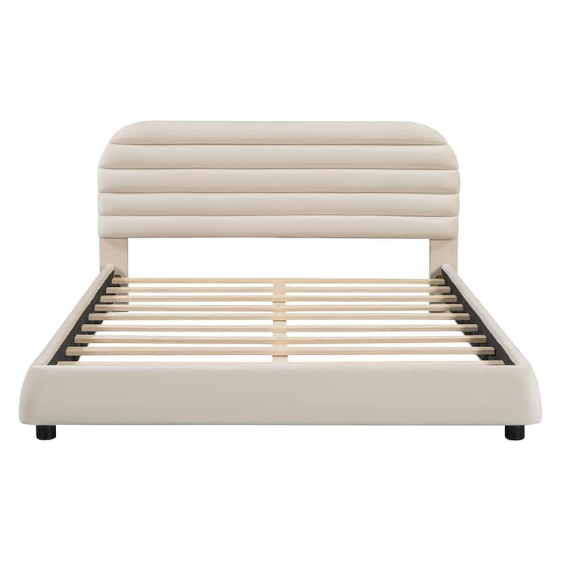 HomeRoots Beige Tufted Velvet Upholstered Queen Bed Frame