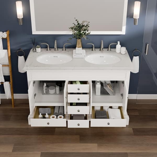 Elite Stamford 48 in. W x 24 in. D x 34 in. H Double Bath Vanity in White with White Carrara Marble Top with White Sinks