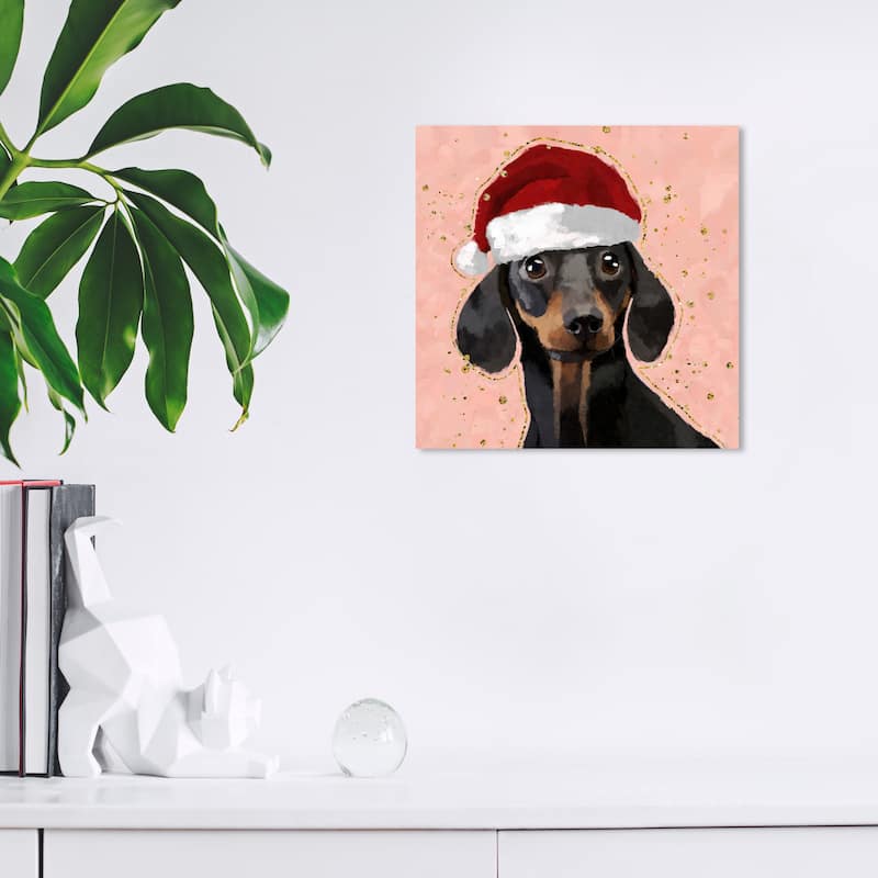 Wynwood Studio Canvas Animals Holiday Doxie Pink and Crimson Glam Wall Art Canvas Print - 12 x 12