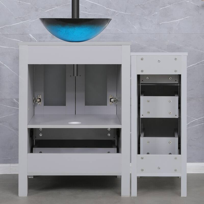 36" Bathroom Vanity Sink Gray Set with Side Cabinet Vessel Sink Mirror Faucet Combo