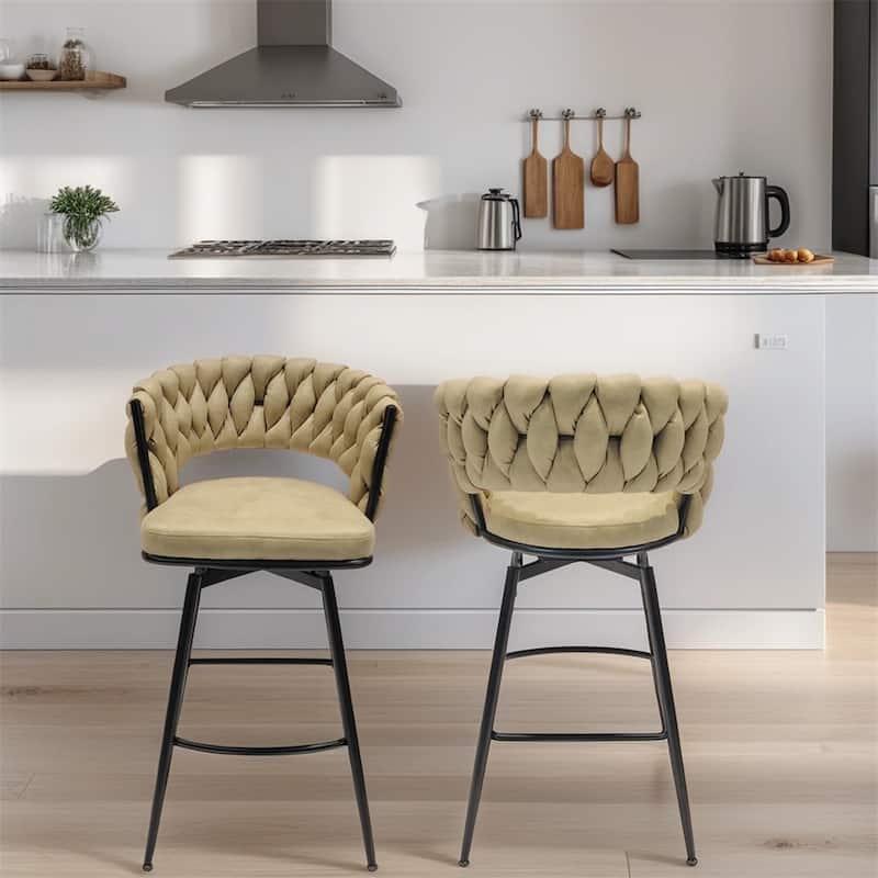 Swivel Upholstered Bar Stools with Back Footrest (Set of 2) - N/A