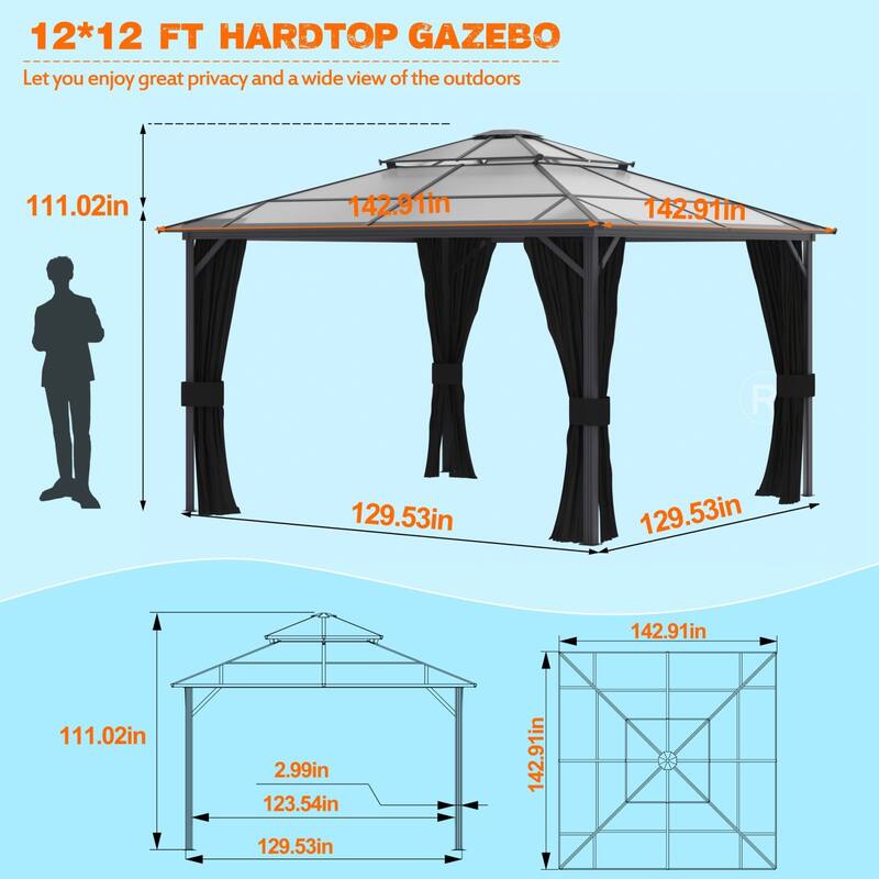 VEIKOUS 12x12 FT Outdoor Patio Gazebo, Double Hardtop PC Gazebo