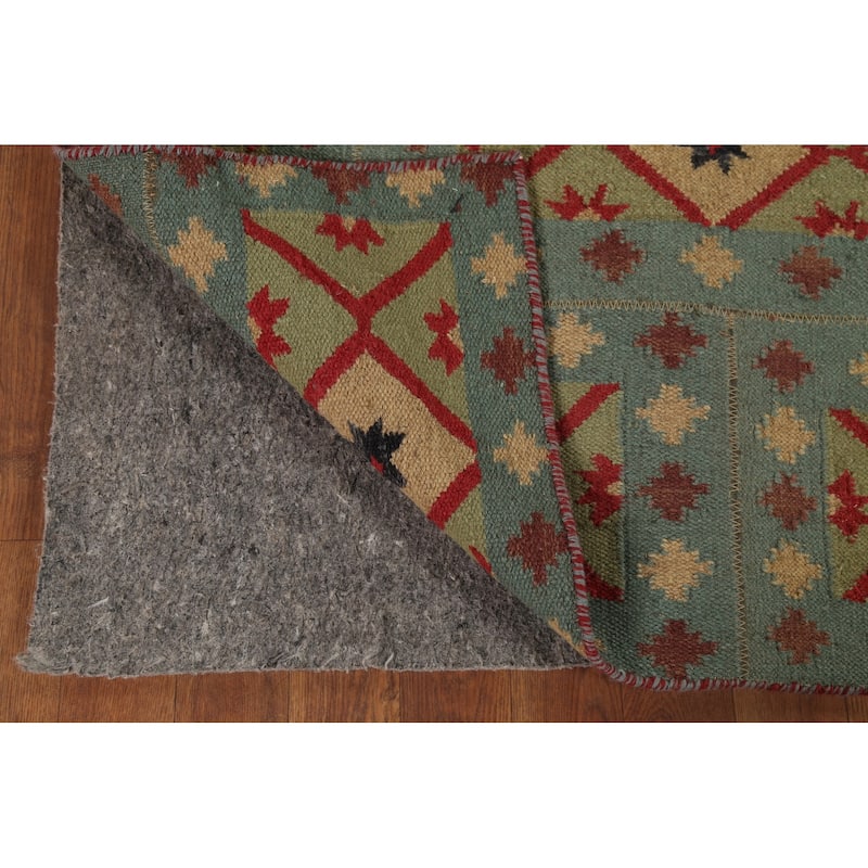 Geometric Kilim Oriental Area Rug Flatweave Green Wool Carpet - 5'7"x 9'0"