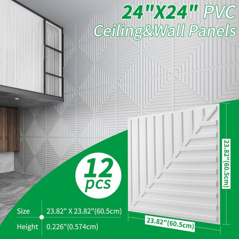 Art3d 12-sheet 3D PVC Wall Panels Ceiling Tiles-Cover 48sq.ft. - White