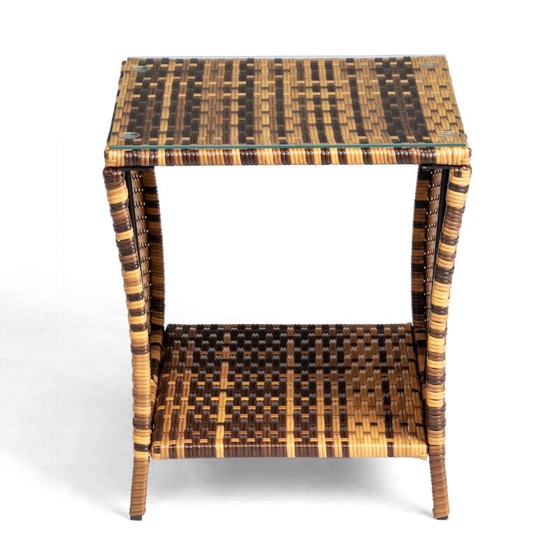 Yellow Gradient Rattan Side Table with Tempered Glass Top - 18.11 x 18.11 x 19.49 - Brown