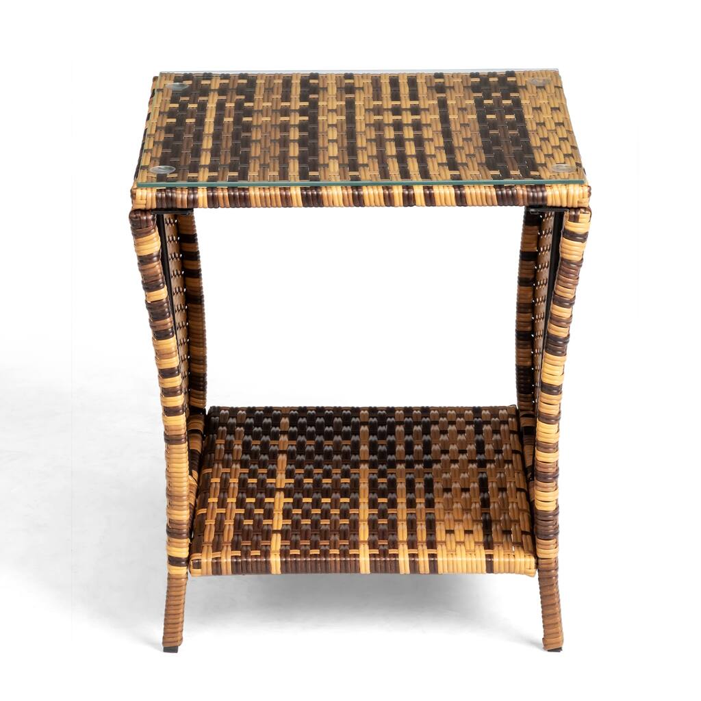 Yellow Gradient Rattan Side Table with Tempered Glass Top - 18.11 x 18.11 x 19.49