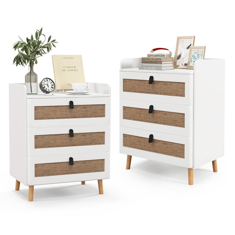 Gymax 2PCS Modern Nightstand End Bedside Table w/ 3 Rattan Drawers & - White - MDF