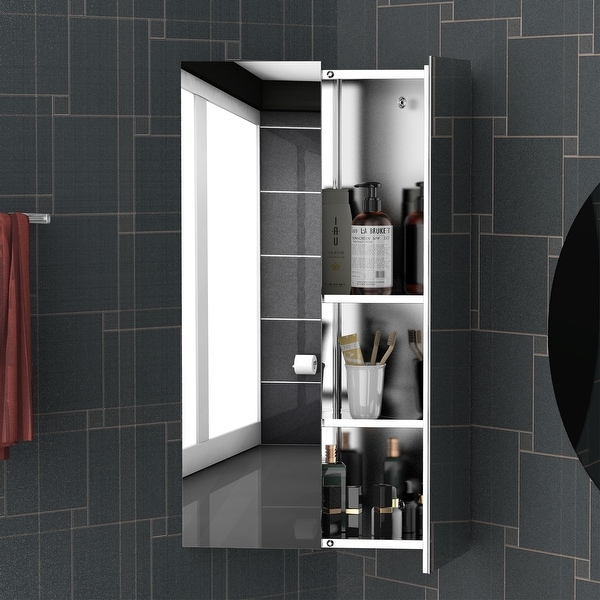 kleankin Corner Mirrored Bathroom Cabinet w/ 3 Shelves 2 Doors On-Wall Storage