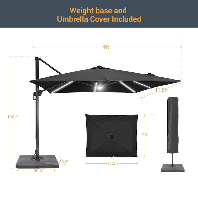 LIVOOSUN 11.5x9FT LED Cantilever Patio Umbrella Solution-Dyed Fabric w/Base