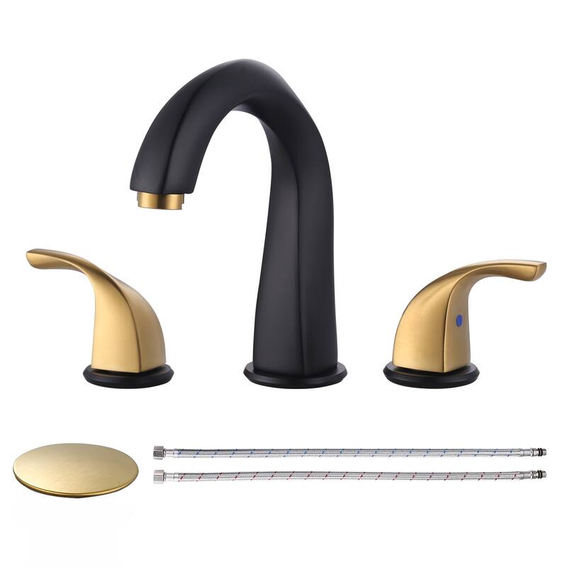 WOWOW Gooseneck 8 in. Widespread Double Handle Bathroom Faucet - Gold and Black