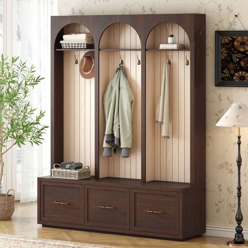 Farmhouse Hall Tree Bench with Arched Design, 8 Hooks & 3 Storage Drawers, 59" Wide Entryway Coat Rack - Walnut