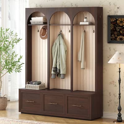 Hall Tree With Arched Design,Entryway Bench With 8 Retro Hooks,Rustic Coat Rack & Shoe Organizer With 3 Drawers