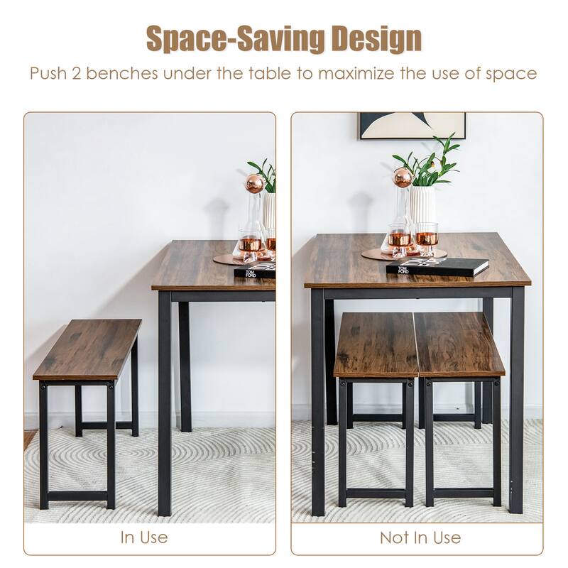 Gymax Modern 3 PCS Dining Table Bench Set w/ Metal Frame & Wooden