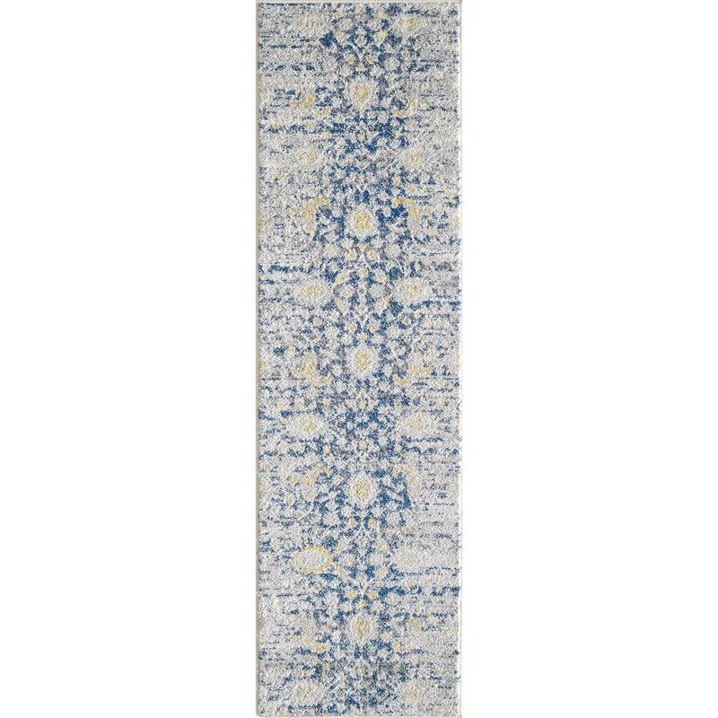 Porch & Den Spirited Mid-Century Distressed Floral Area Rug - 2' x 7' Runner - Blue/Grey